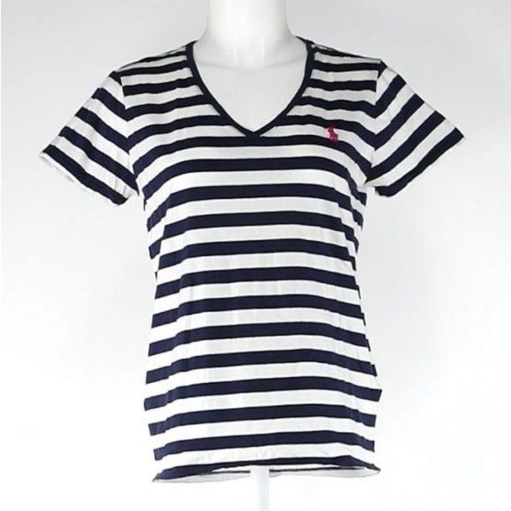 EUC Women’s Size Small Ralph Lauren Stripe V-neck Tee With Logo Embroidered